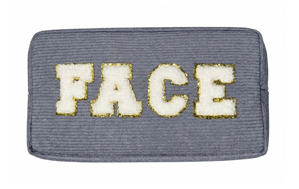Face Corduroy Makeup Pouch Gray Gold Letters